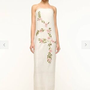 STAUD CASEY DRESS MAGNOLIA - White Maxi Dress with Pink and Green Floral Design